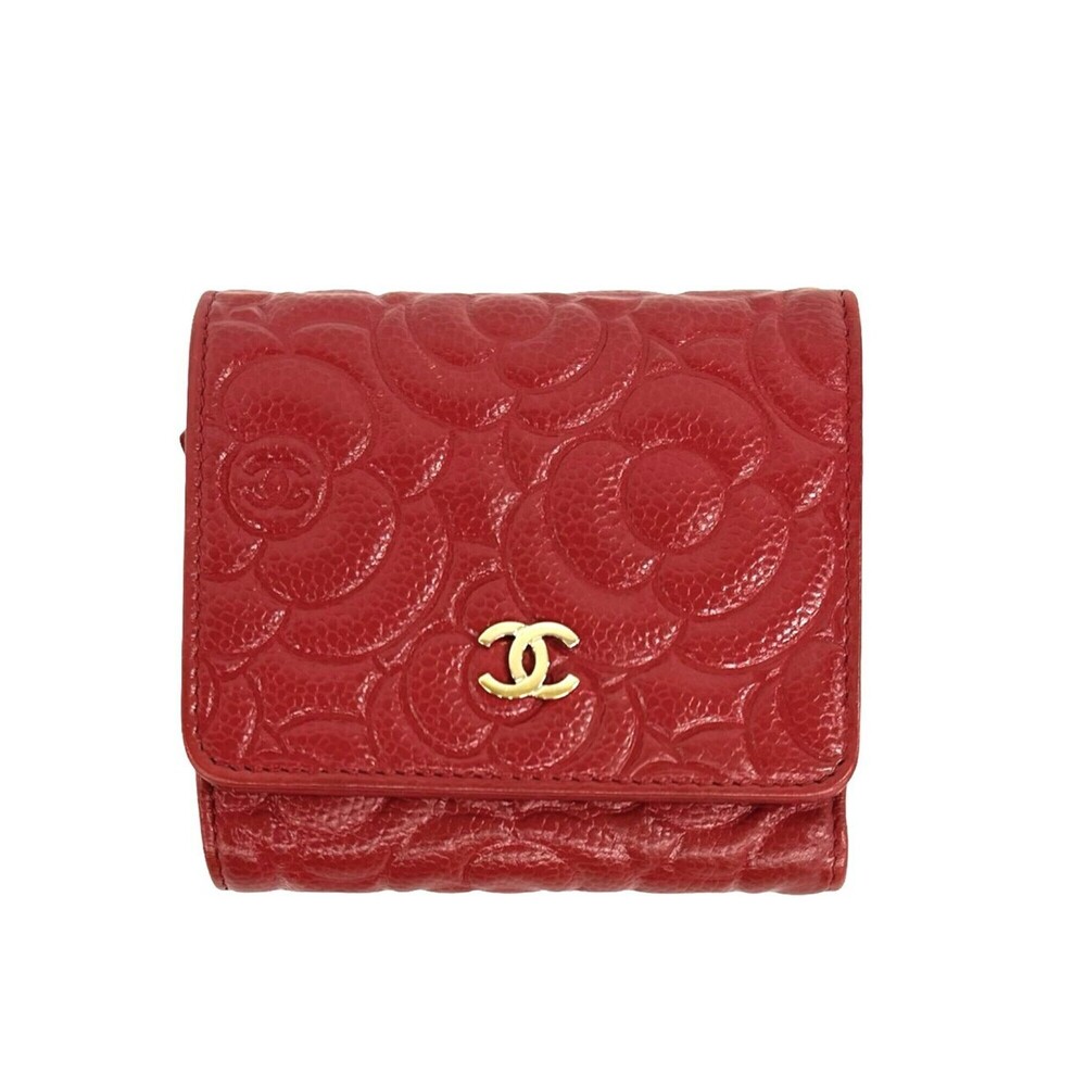 CHANEL Coco Mark Camellia Caviar Skin Tri-fold Wallet Mini Business Card Hold...